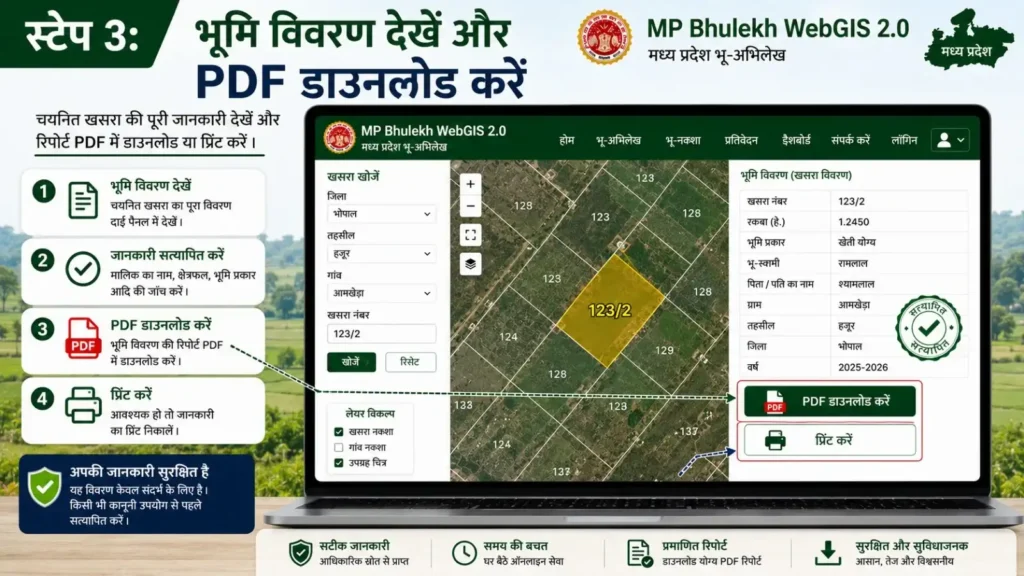 MP Bhulekh WebGIS 2.0 portal step 3 verify ownership details download Khasra PDF report